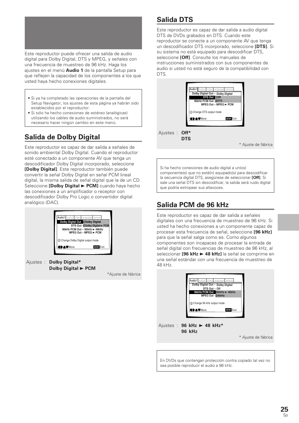 Ajuste de la salida de audio digital para que sea, Compatible con su componente av, Salida de dolby digital | Salida dts, Salida pcm de 96 khz, Ajustes de audio y video espa ñ ol | Pioneer DV-340 User Manual | Page 27 / 112