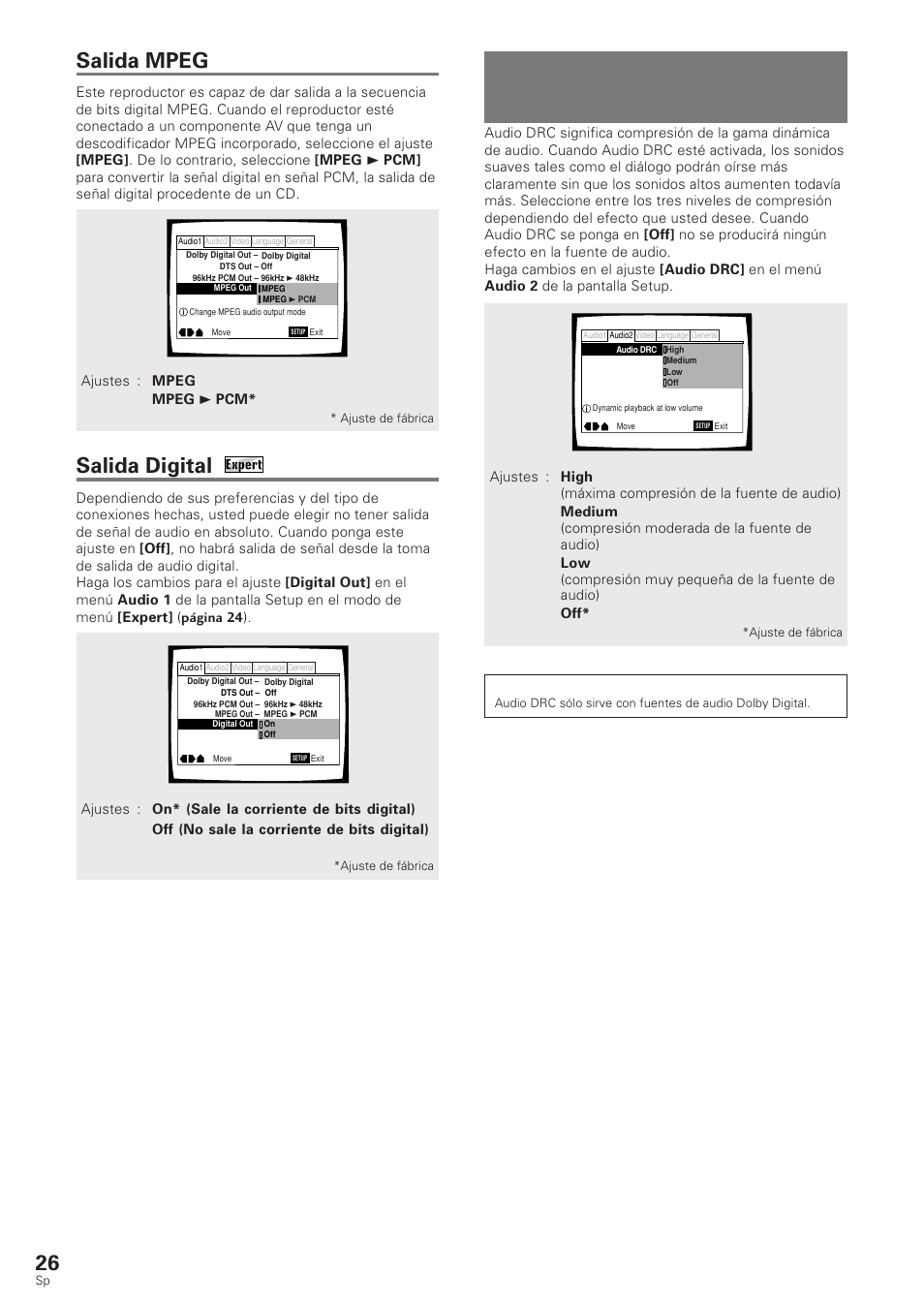 Ajuste de la gama dinámica de la pista de, Sonido, Ajuste de la gama dinámica de la pista de sonido | Salida mpeg, Salida digital, Dvd/cd de vídeo/cd | Pioneer DV-340 User Manual | Page 28 / 112