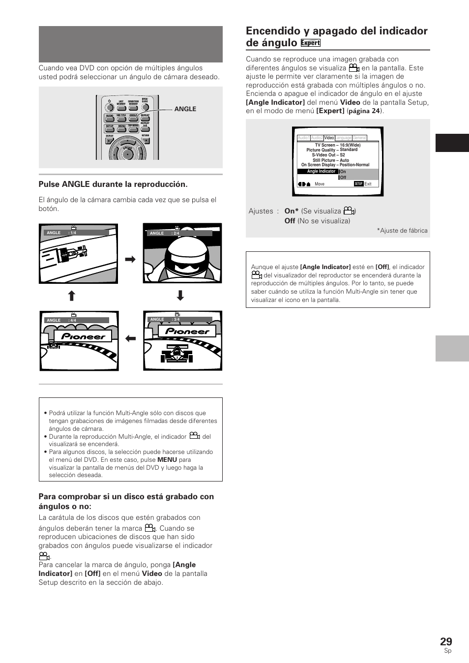 Ángulo de cámara deseado, Multi-angle), Ángulo de cámara deseado (multi-angle) | Encendido y apagado del indicador de ángulo, Ajustes de audio y video espa ñ ol, Pulse angle durante la reproducción, Nota | Pioneer DV-340 User Manual | Page 31 / 112