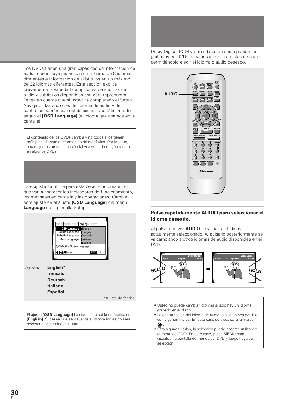 Ajuste de las opciones de idiomas, Ajuste del idioma de la visualización en pantalla, Osd) | Cambio del idioma de audio, Función de múltiples idiomas), Nota, Hello hola, Ajuste de fábrica, Audio | Pioneer DV-340 User Manual | Page 32 / 112