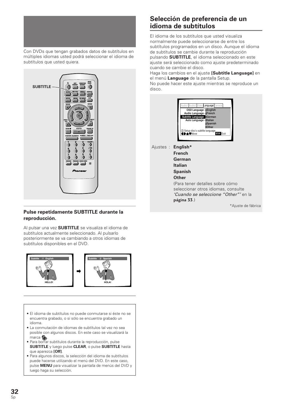 Selección de un idioma de subtítulos, Subtítulos en múltiples idiomas), Cuando se seleccione “other | En la página 33 .), Subtitle, Ajuste de fábrica | Pioneer DV-340 User Manual | Page 34 / 112