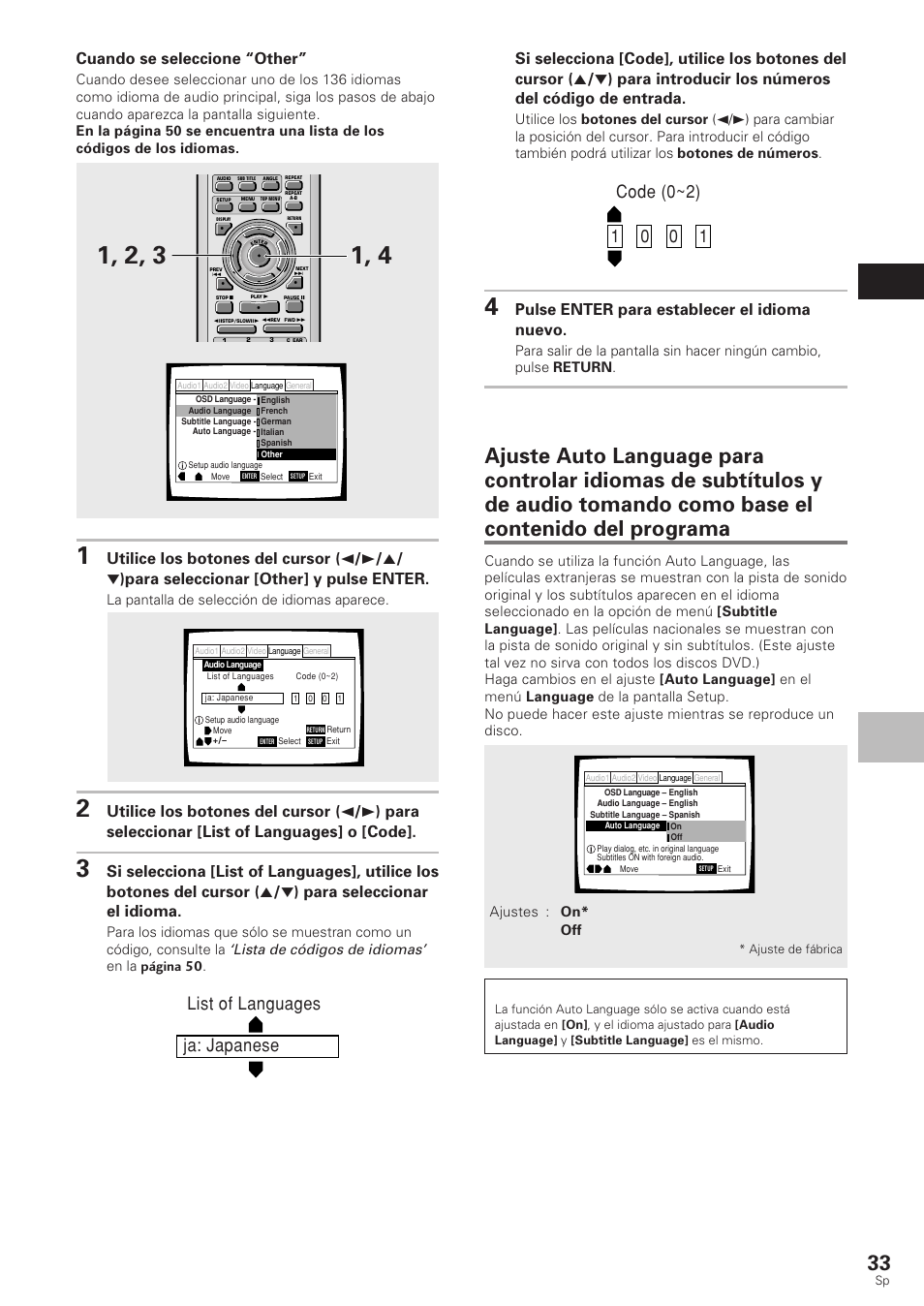 Ajuste de las opciones de idiomas, Español, Cuando se seleccione “other | Pulse enter para establecer el idioma nuevo, Lista de códigos de idiomas, La pantalla de selección de idiomas aparece, En la página 50, Ajustes : on* off, Nota | Pioneer DV-340 User Manual | Page 35 / 112