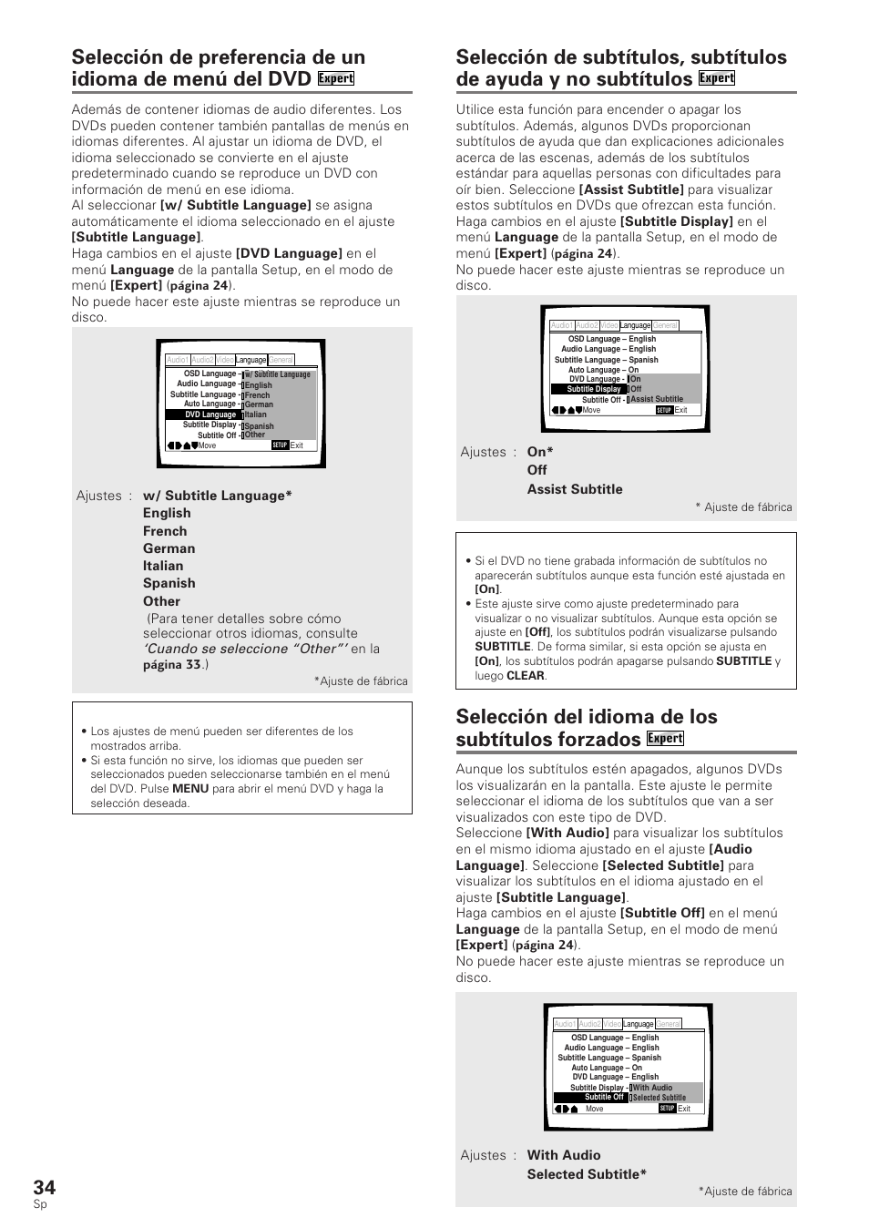 Selección del idioma de los subtítulos forzados, Cuando se seleccione “other | Pioneer DV-340 User Manual | Page 36 / 112