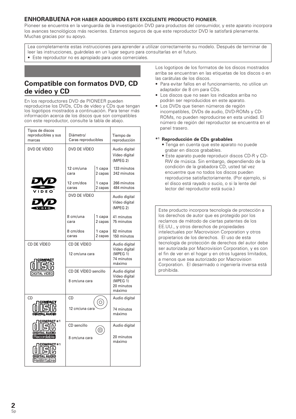 Características de este reproductor, Compatible con formatos dvd, cd de vídeo y cd, Enhorabuena | Pioneer DV-340 User Manual | Page 4 / 112