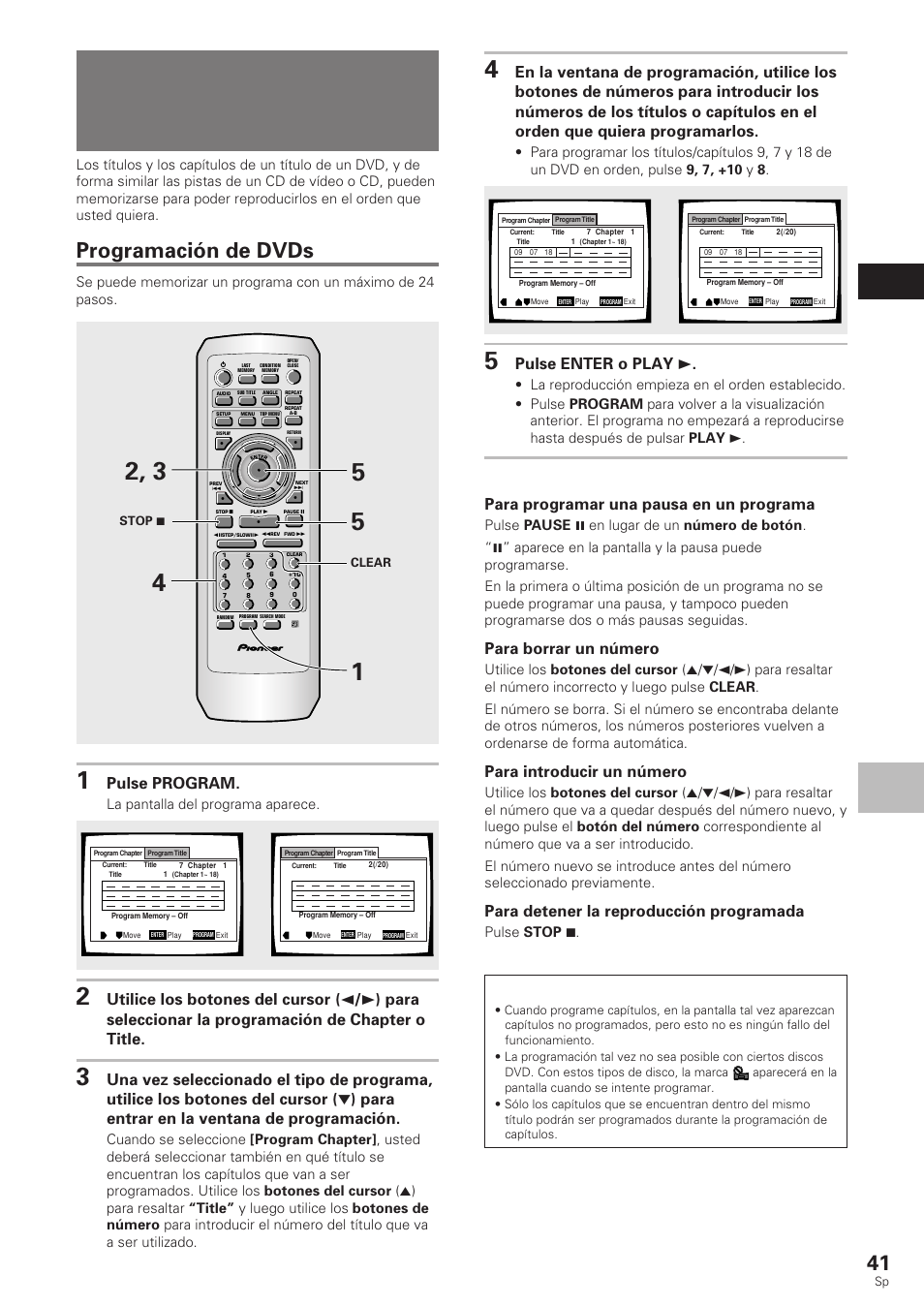 Reproducción en un orden deseado, Reproducción programada), Programación de dvds | Funciones a v anzadas espa ñ ol, Dvd/cd de vídeo/cd, Pulse program, Pulse enter o play 3, Para programar una pausa en un programa, Para borrar un número, Para introducir un número | Pioneer DV-340 User Manual | Page 43 / 112