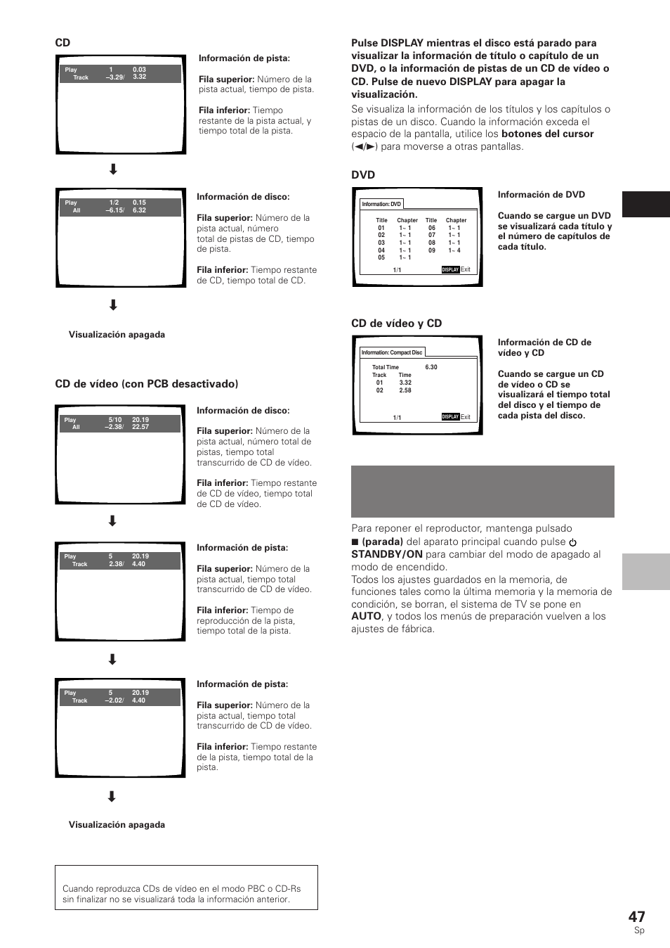 Reposición del reproductor a los ajustes del, Sistema, Funciones a v anzadas espa ñ ol | Cd de vídeo y cd dvd, Cd de vídeo (con pcb desactivado) | Pioneer DV-340 User Manual | Page 49 / 112