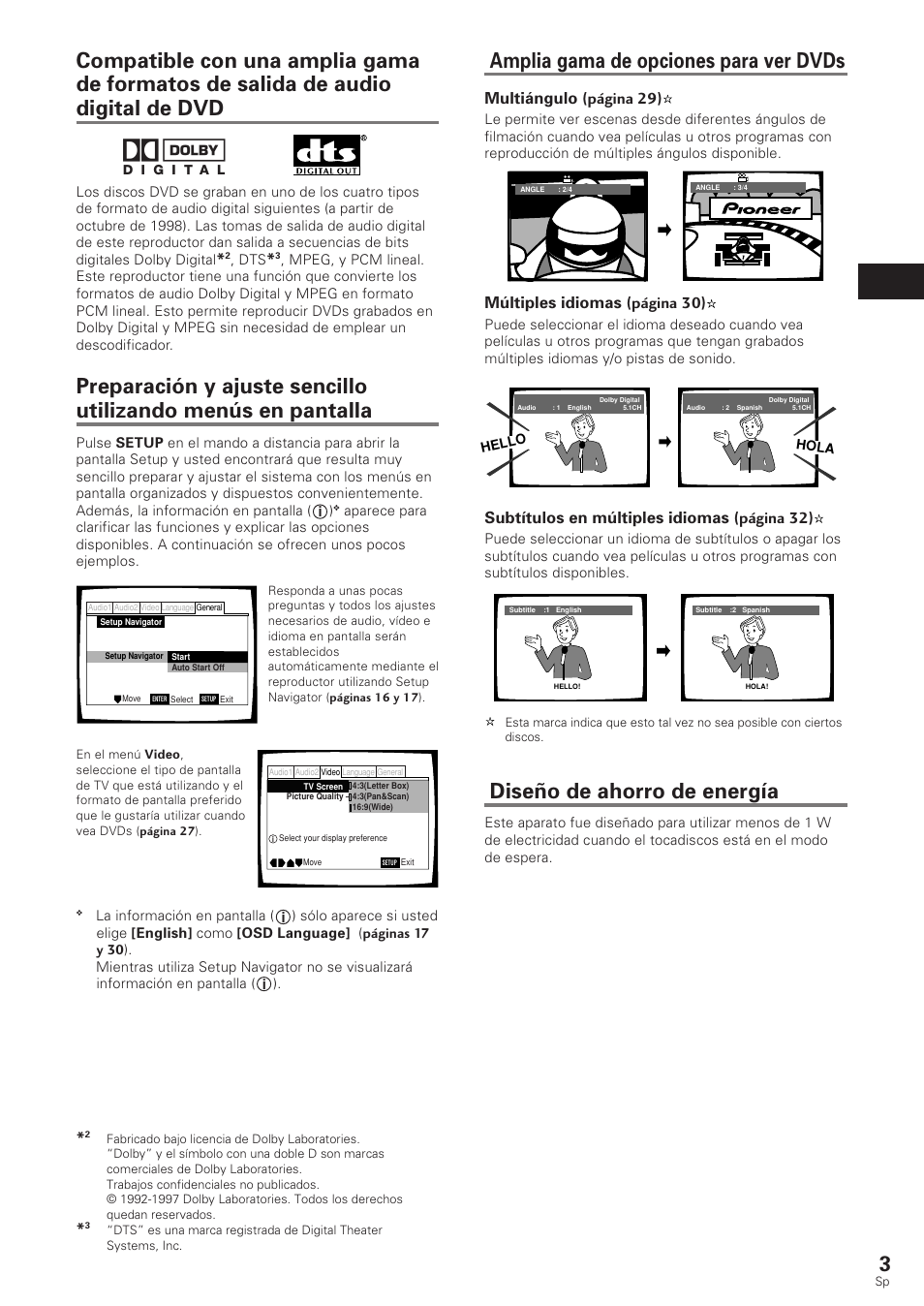 Amplia gama de opciones para ver dvds, Diseño de ahorro de energía, Espa ñ ol | Multiángulo (página 29), Múltiples idiomas (página 30), Subtítulos en múltiples idiomas (página 32) | Pioneer DV-340 User Manual | Page 5 / 112