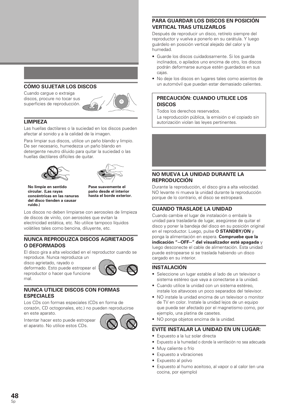 Información adicional, Durante mucho tiempo, Cuidados de los discos | Pioneer DV-340 User Manual | Page 50 / 112