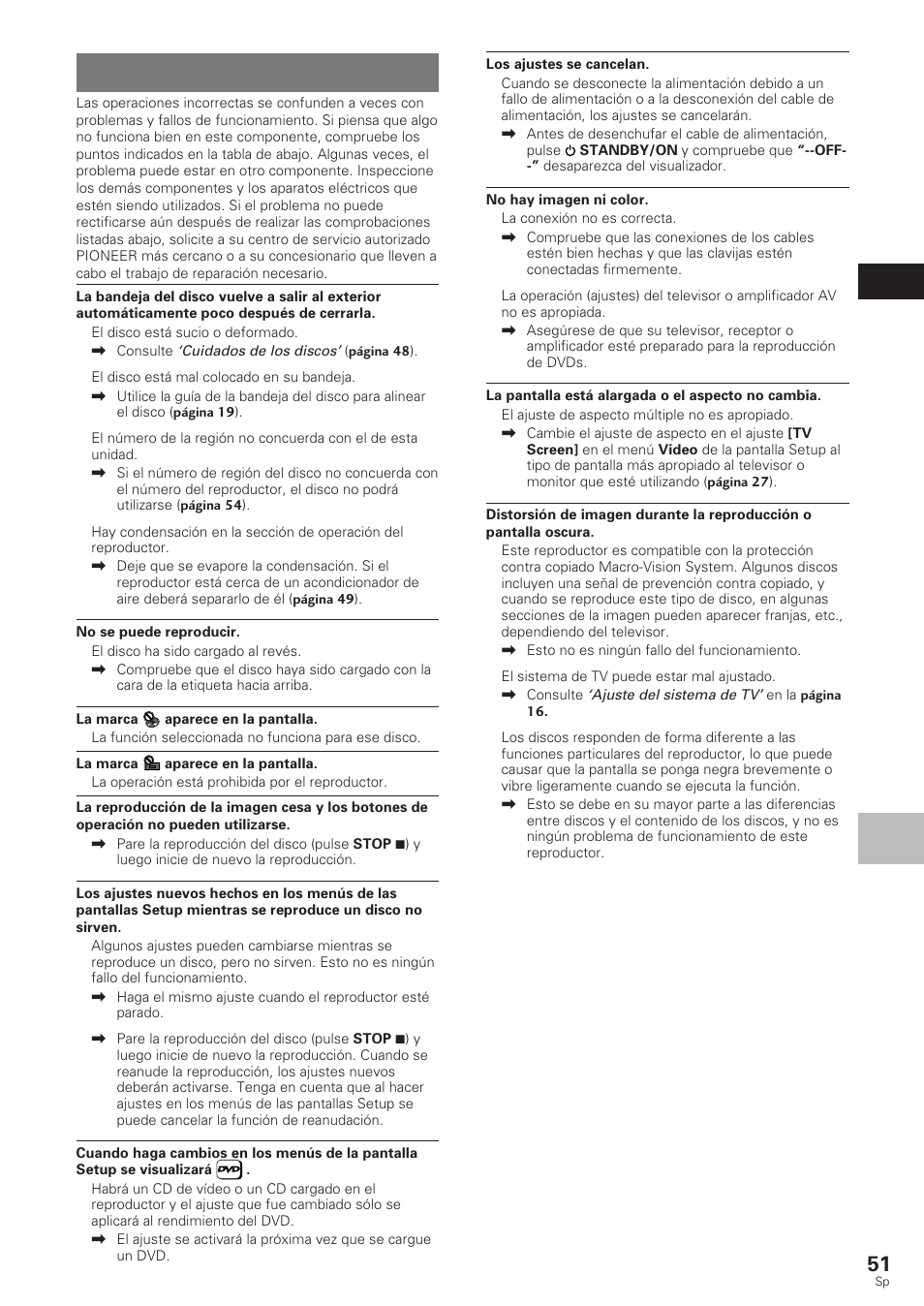 Localización de averías | Pioneer DV-340 User Manual | Page 53 / 112
