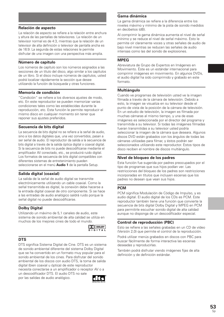 Términos | Pioneer DV-340 User Manual | Page 55 / 112