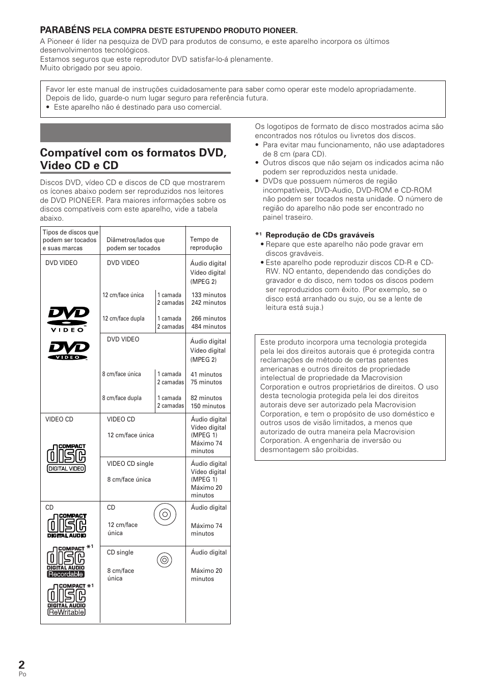 Características deste aparelho, Compatível com os formatos dvd, video cd e cd, Parabéns | Pioneer DV-340 User Manual | Page 58 / 112
