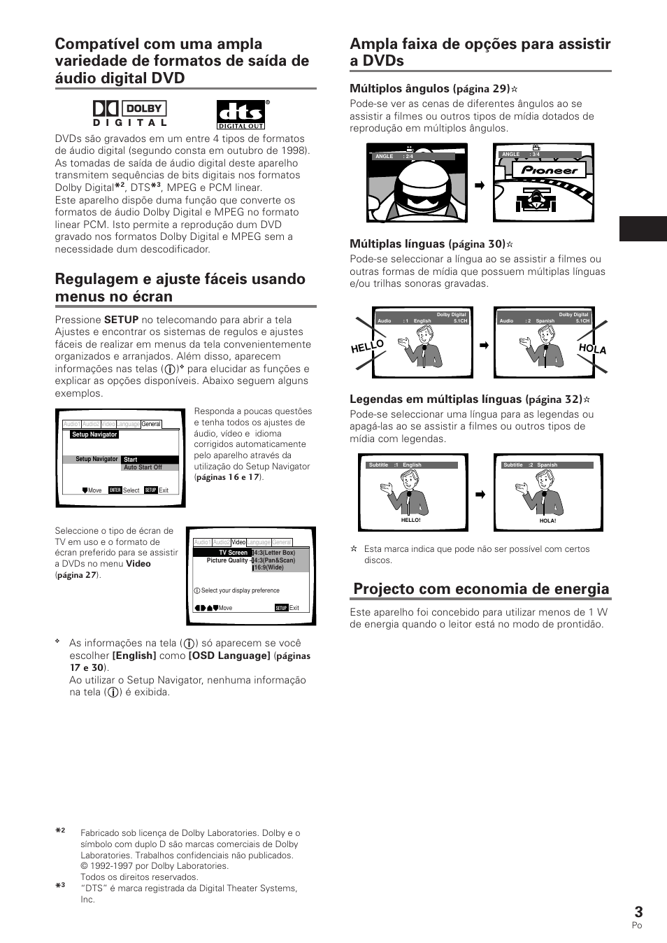 Ampla faixa de opções para assistir a dvds, Projecto com economia de energia, Regulagem e ajuste fáceis usando menus no écran | Portugu ê s, Múltiplos ângulos (página 29), Múltiplas línguas (página 30), Legendas em múltiplas línguas (página 32) | Pioneer DV-340 User Manual | Page 59 / 112