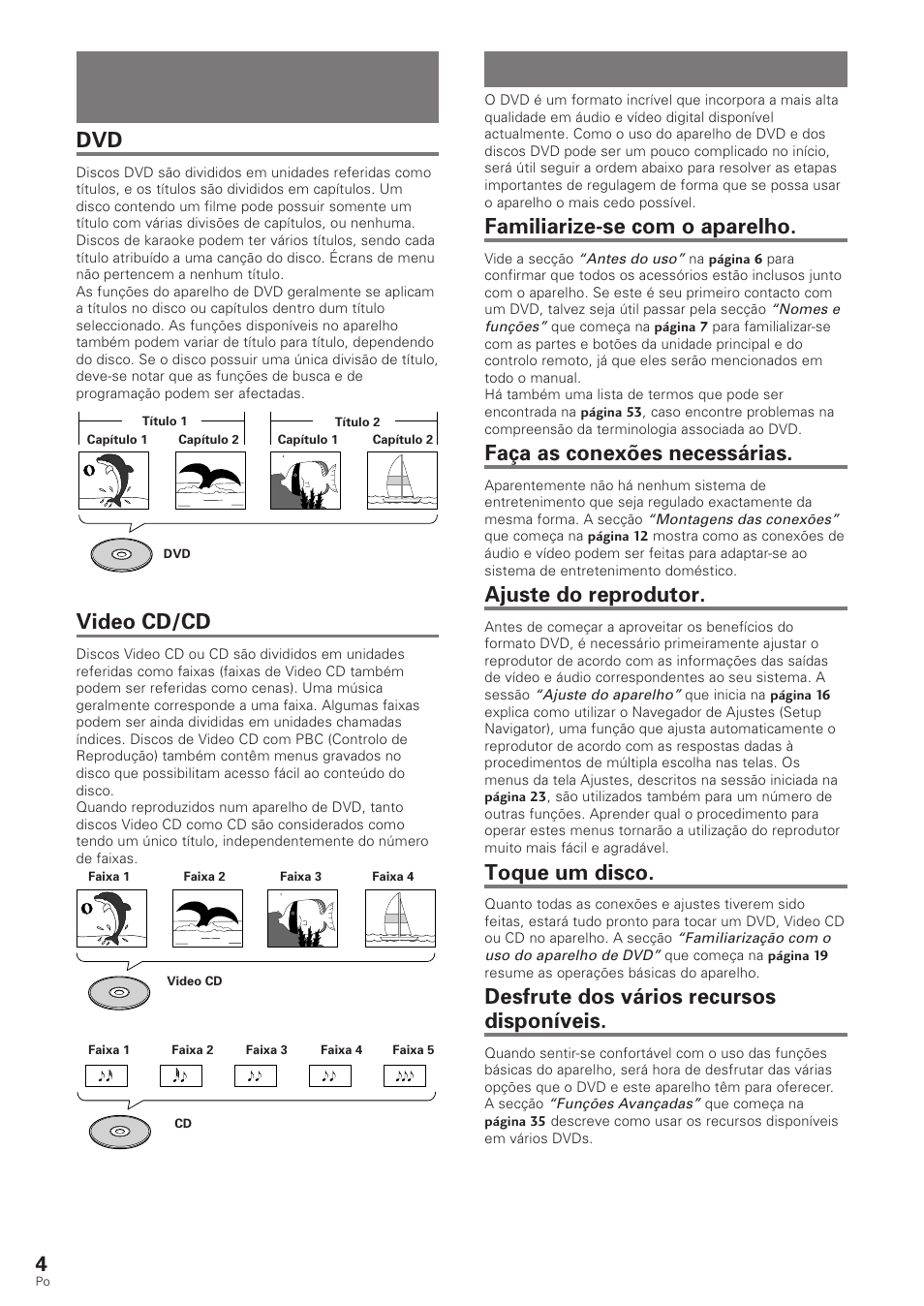 Como continuar este manual, Diferenças na composição do disco, Familiarize-se com o aparelho | Faça as conexões necessárias, Ajuste do reprodutor, Toque um disco, Desfrute dos vários recursos disponíveis, Video cd/cd | Pioneer DV-340 User Manual | Page 60 / 112
