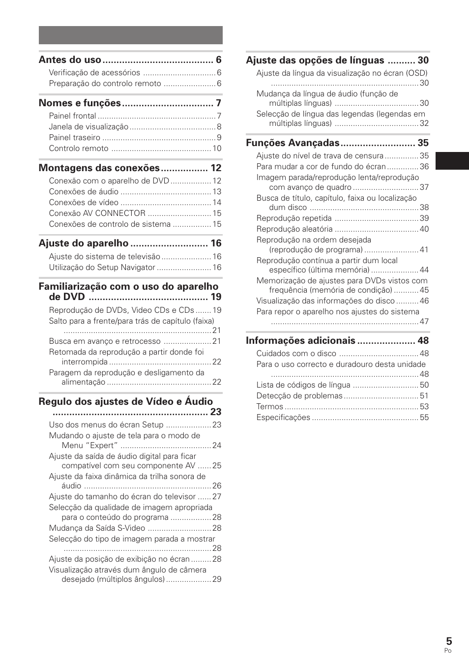 Manual de instruções, Aparelho de dvd, Tabela de conteúdo | Pioneer DV-340 User Manual | Page 61 / 112