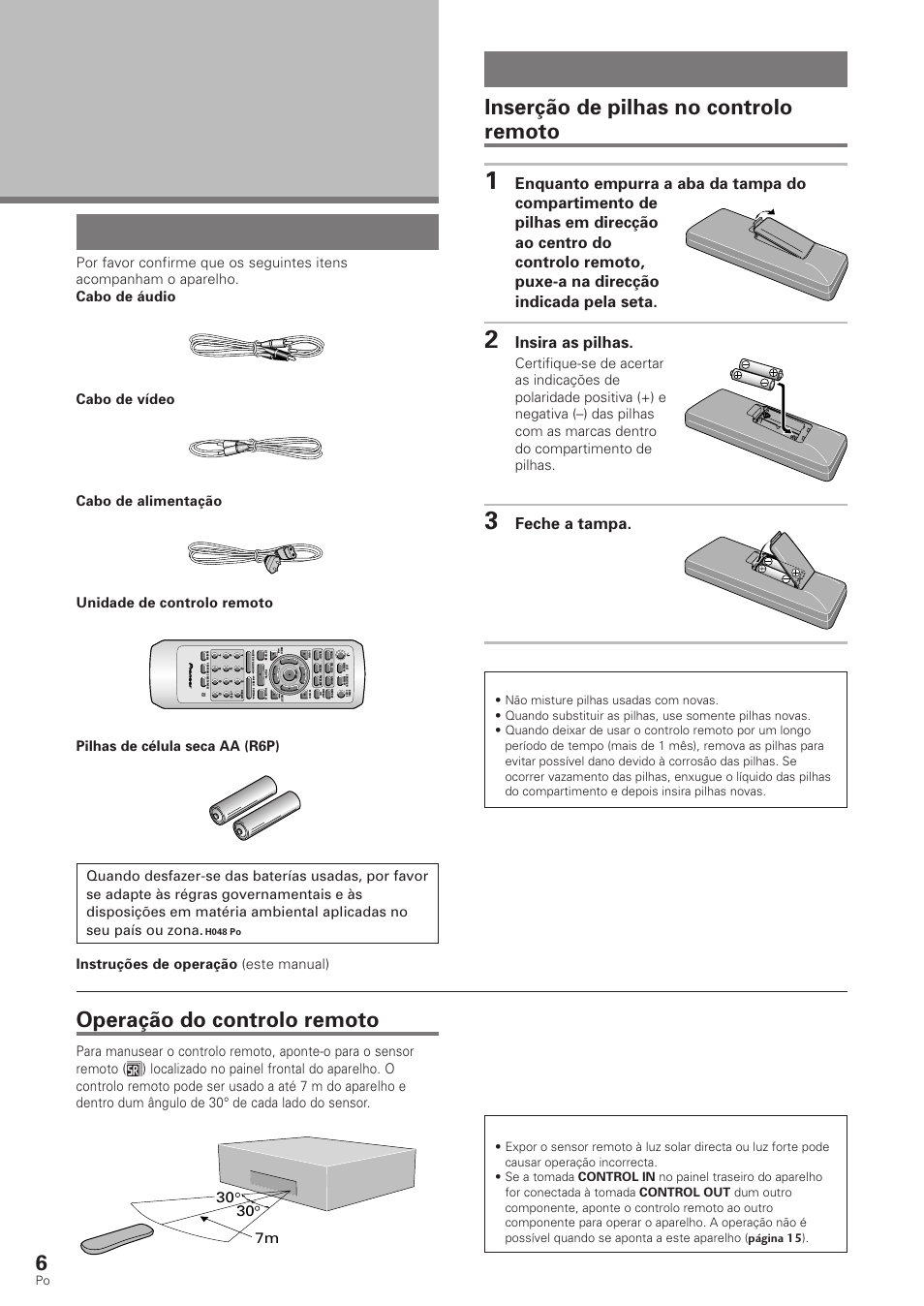 Antes do uso, Preparação do controlo remoto, Verificação de acessórios | Inserção de pilhas no controlo remoto, Operação do controlo remoto, Insira as pilhas, Feche a tampa, 30 7m, Notas, Instruções de operação (este manual) | Pioneer DV-340 User Manual | Page 62 / 112