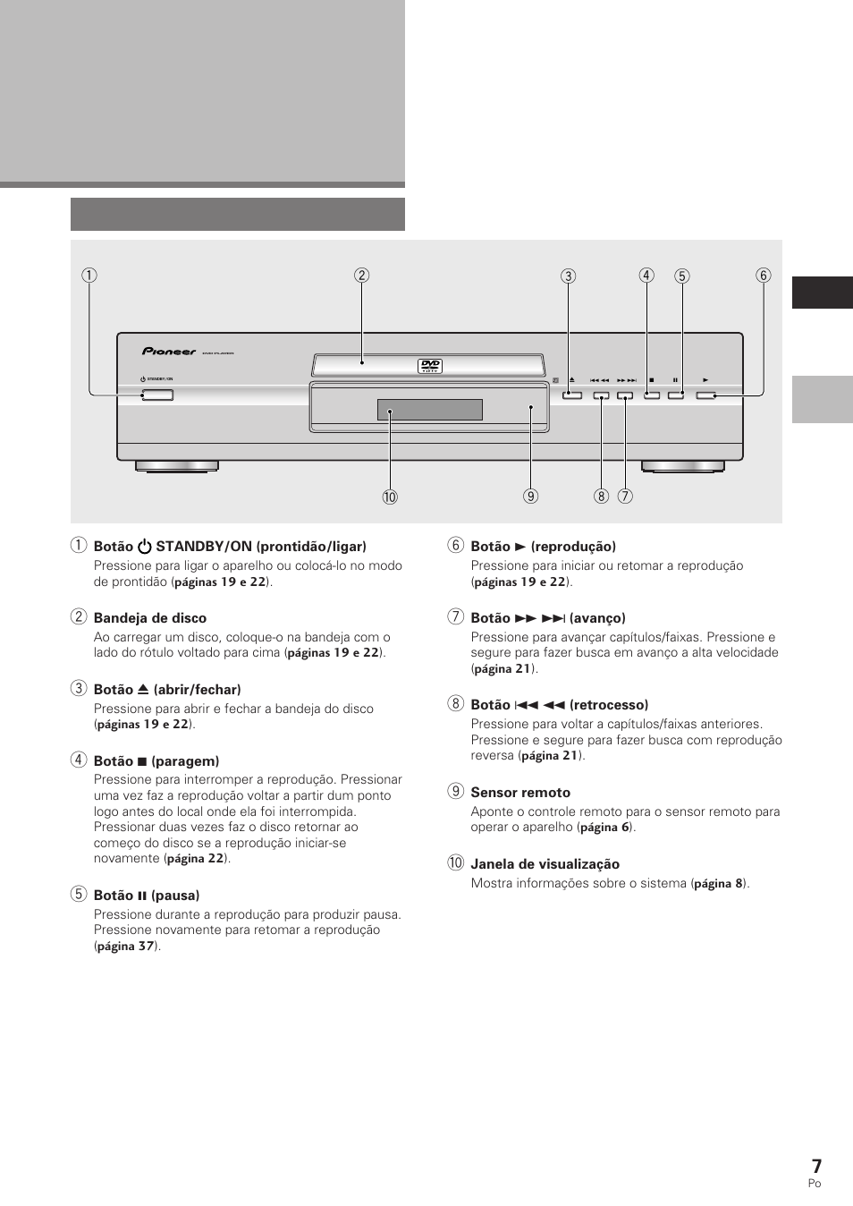 Nomes e funções, Painel frontal | Pioneer DV-340 User Manual | Page 63 / 112