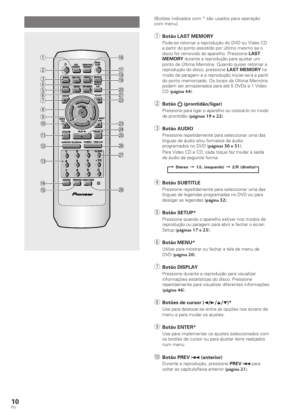 Controlo remoto | Pioneer DV-340 User Manual | Page 66 / 112