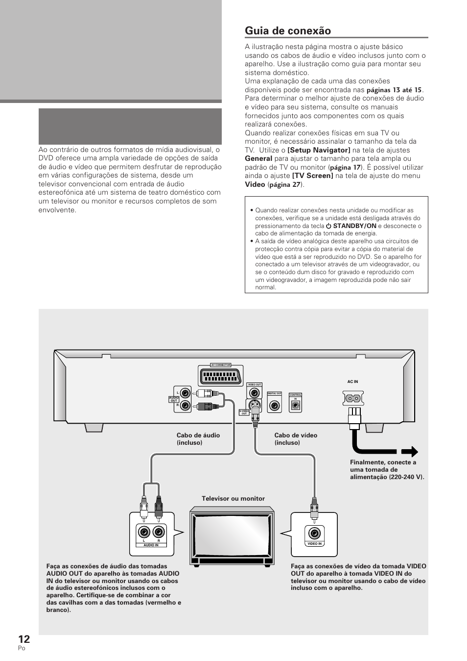 Montagens das conexões, Conexão com o aparelho de dvd, Guia de conexão | Pioneer DV-340 User Manual | Page 68 / 112