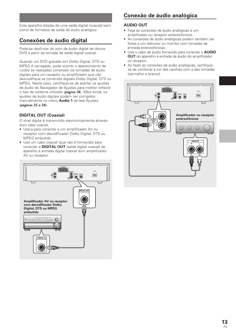 Conexões de áudio, Conexões de áudio digital, Conexão de áudio analógica | Portugu ê s, Digital out (coaxial), Mont agens das conex õ es, Audio out | Pioneer DV-340 User Manual | Page 69 / 112