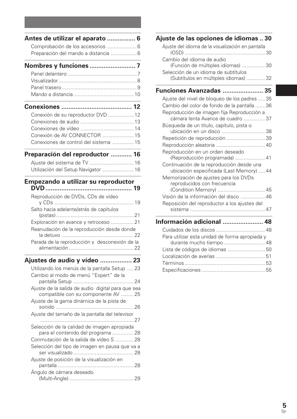 Manual de instrucciones, Reproductor dvd, Índice | Pioneer DV-340 User Manual | Page 7 / 112