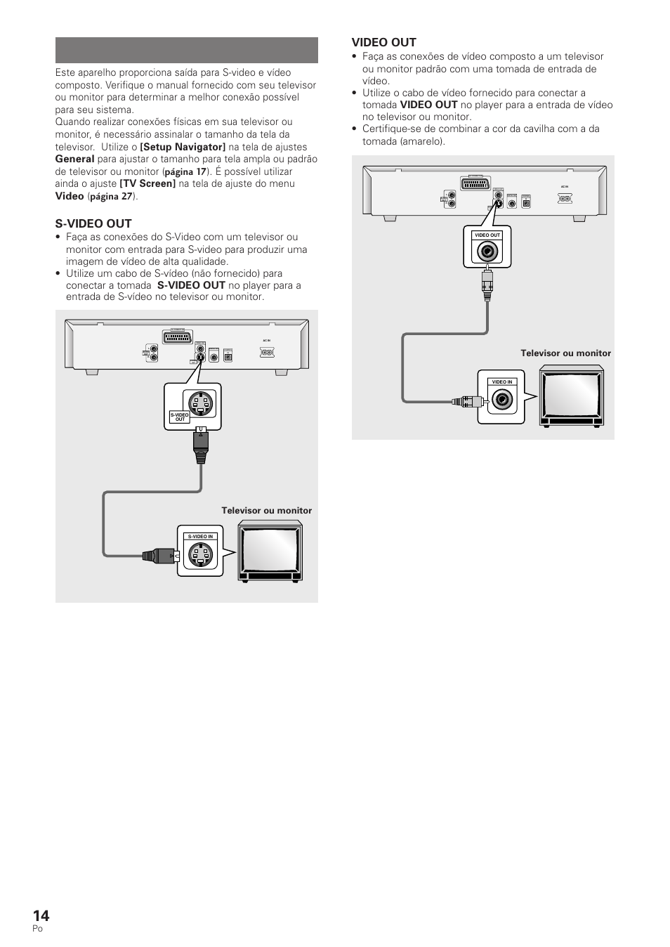 Conexões de vídeo, S-video out, Video out | Televisor ou monitor | Pioneer DV-340 User Manual | Page 70 / 112