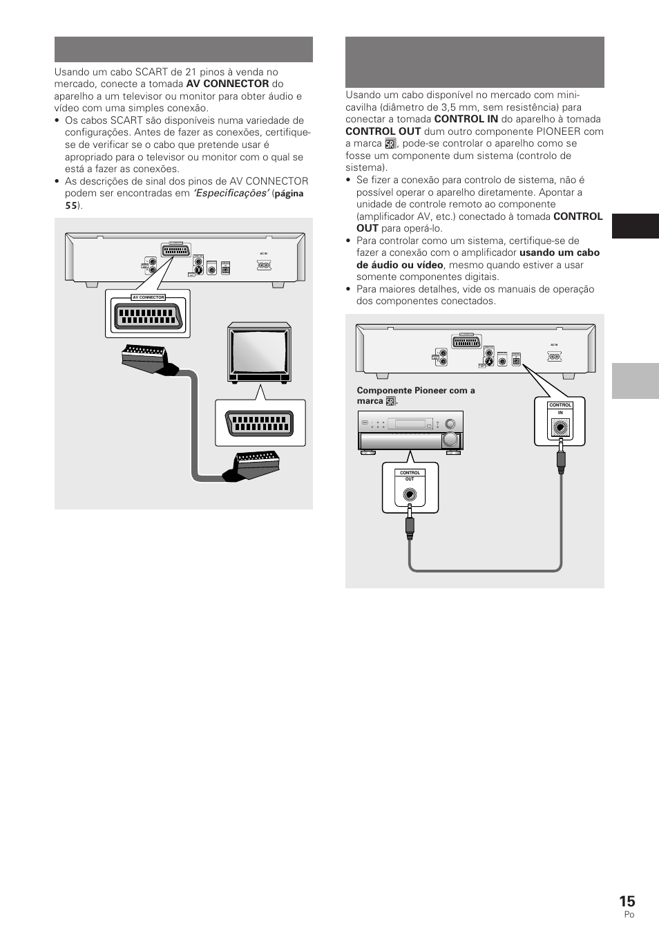 Conexões de controlo de sistema, Conexão av connector, Portugu ê s | Mont agens das conex õ es, Especificações, Página 55 ) | Pioneer DV-340 User Manual | Page 71 / 112