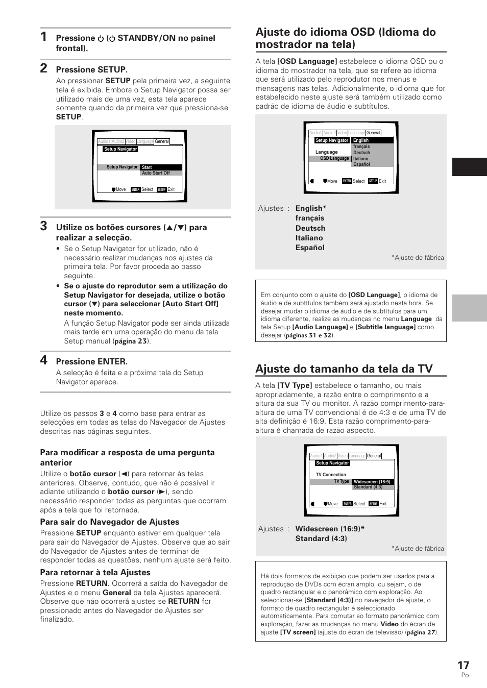 Ajuste do idioma osd (idioma do mostrador na tela), Ajuste do tamanho da tela da tv, Portugu ê s | Ajuste do ap arelho, Pressione ( standby/on no painel frontal), Pressione setup, Pressione enter, Para modificar a resposta de uma pergunta anterior, Para sair do navegador de ajustes, Para retornar à tela ajustes | Pioneer DV-340 User Manual | Page 73 / 112