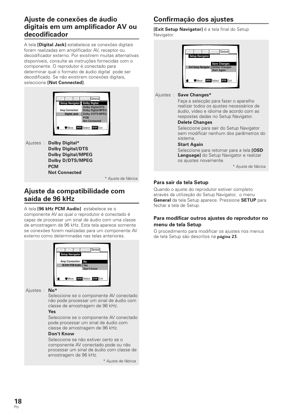 Confirmação dos ajustes, Ajuste da compatibilidade com saída de 96 khz, Para sair da tela setup | Pioneer DV-340 User Manual | Page 74 / 112