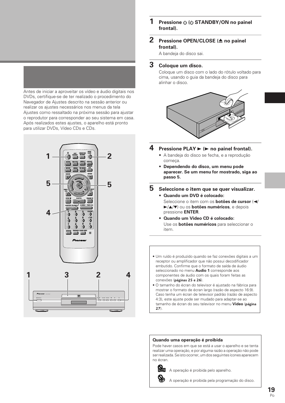 Familiarização com o uso do aparelho, De dvd, Reprodução de dvds, video cds e cds | Familiarização com o uso do aparelho de dvd, Português, Dvd/video cd/cd, Pressione ( standby/on no painel frontal), Pressione open/close ( 0 no painel frontal), Coloque um disco, Pressione play 3 ( 3 no painel frontal) | Pioneer DV-340 User Manual | Page 75 / 112