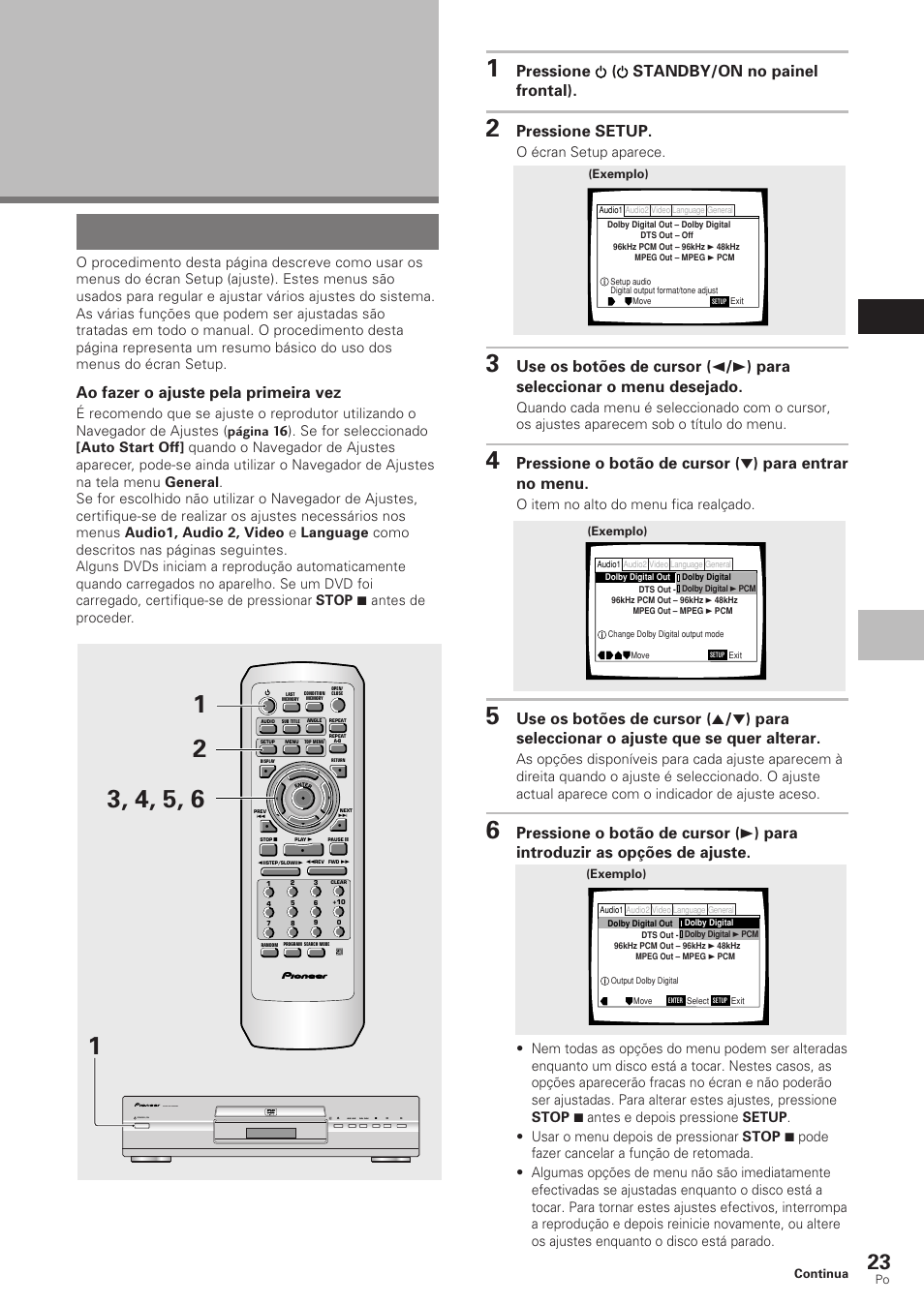 Regulo dos ajustes de vídeo e áudio, Uso dos menus do écran setup, Português | Pressione ( standby/on no painel frontal), Pressione setup, Ao fazer o ajuste pela primeira vez, O écran setup aparece, O item no alto do menu fica realçado, Dvd pla yer, Standby/on | Pioneer DV-340 User Manual | Page 79 / 112