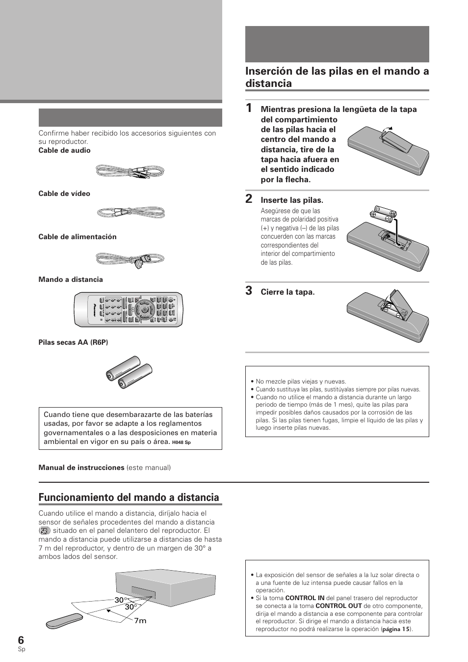 Antes de utilizar el aparato, Comprobación de los accesorios, Preparación del mando a distancia | Funcionamiento del mando a distancia, Inserción de las pilas en el mando a distancia, Inserte las pilas, Cierre la tapa, 30 7m, Manual de instrucciones (este manual), Notas | Pioneer DV-340 User Manual | Page 8 / 112