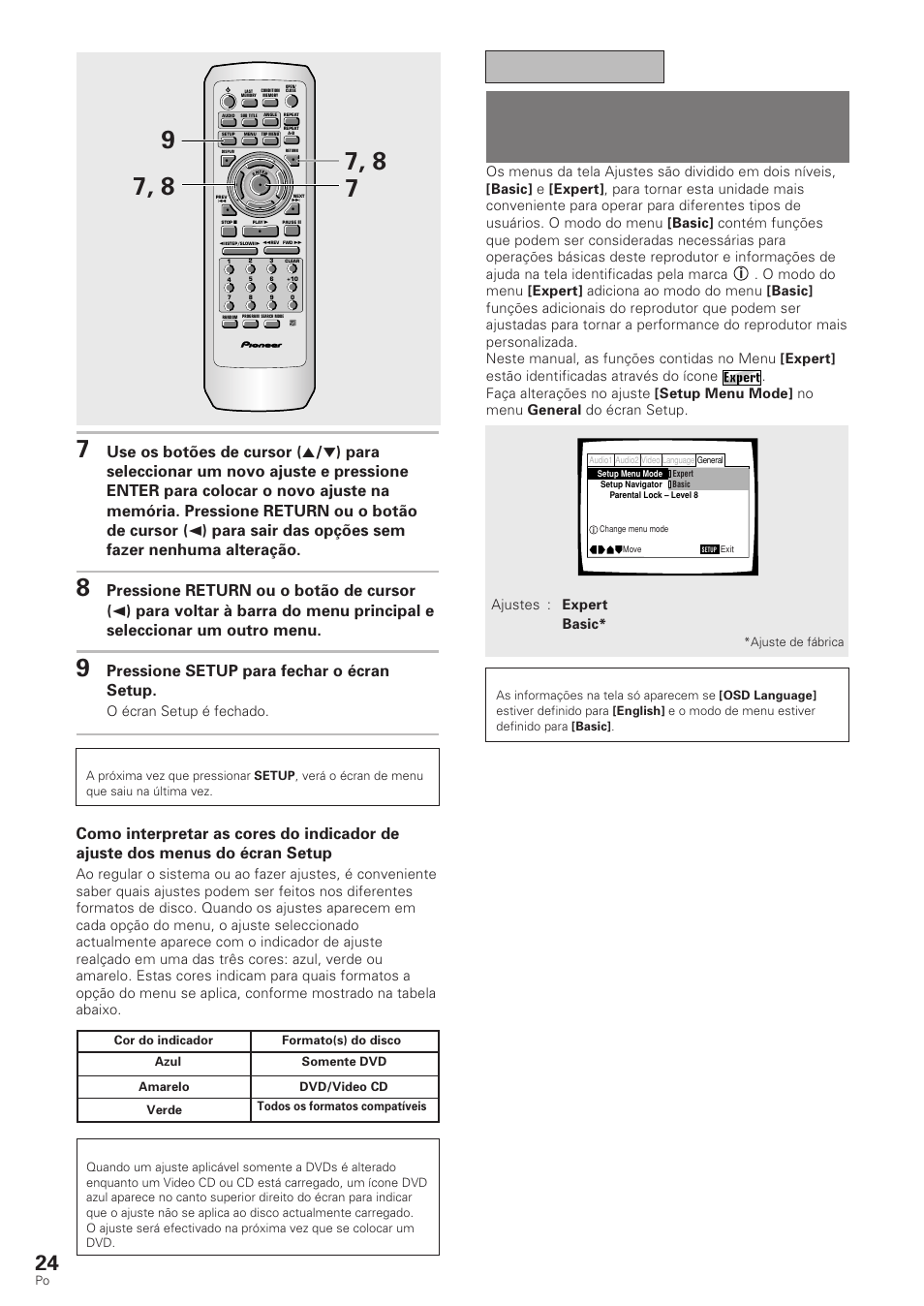 Mudando o ajuste de tela para o modo de, Menu “expert, Importante | Pressione setup para fechar o écran setup, Nota, O écran setup é fechado. nota | Pioneer DV-340 User Manual | Page 80 / 112