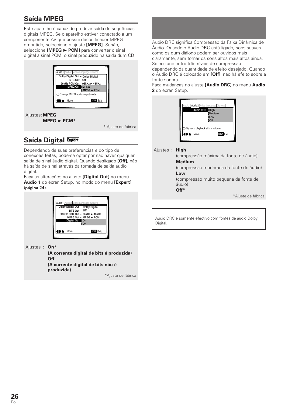 Ajuste da faixa dinâmica da trilha sonora de, Áudio, Ajuste da faixa dinâmica da trilha sonora de áudio | Saída mpeg, Saída digital, Dvd/video cd/cd | Pioneer DV-340 User Manual | Page 82 / 112