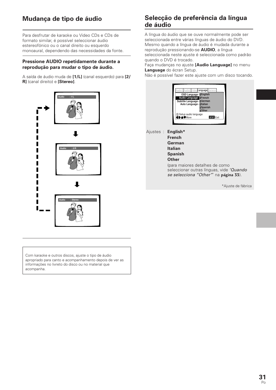 Selecção de preferência da língua de áudio, Mudança de tipo de áudio, Ajuste das opções de línguas | Português, Video cd/cd | Pioneer DV-340 User Manual | Page 87 / 112