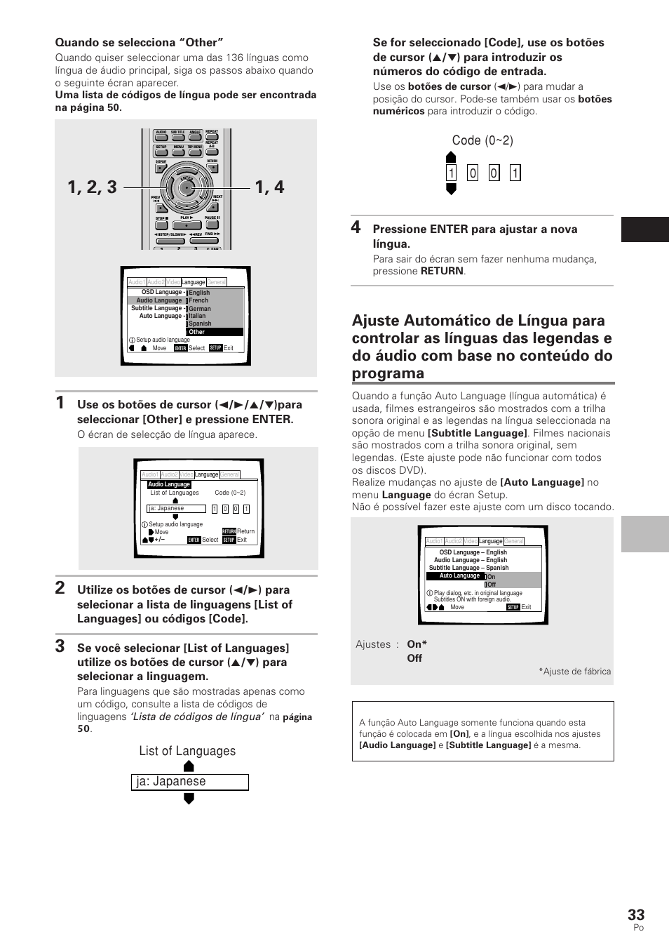 Ajuste das opções de línguas, Português, Quando se selecciona “other | Pressione enter para ajustar a nova língua, Lista de códigos de língua, O écran de selecção de língua aparece, Na página 50, Nota | Pioneer DV-340 User Manual | Page 89 / 112