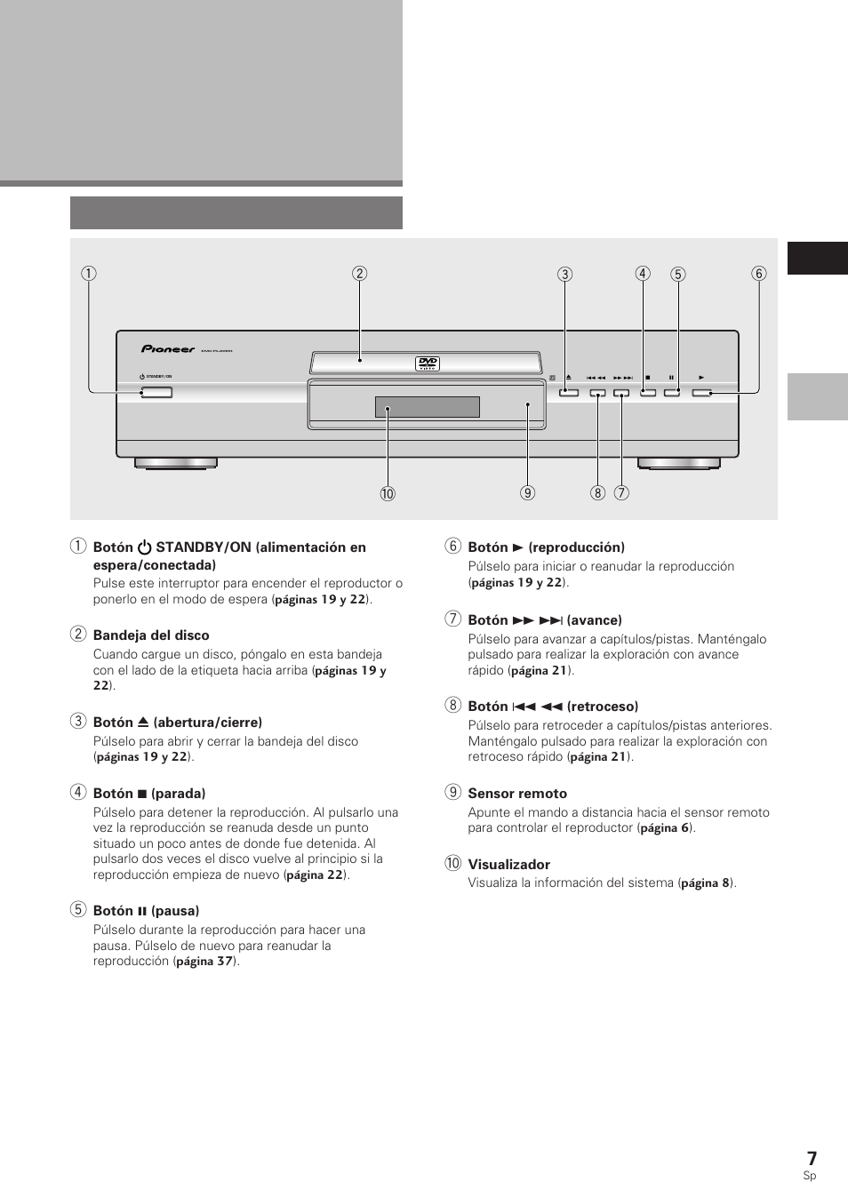 Nombres y funciones, Panel delantero | Pioneer DV-340 User Manual | Page 9 / 112