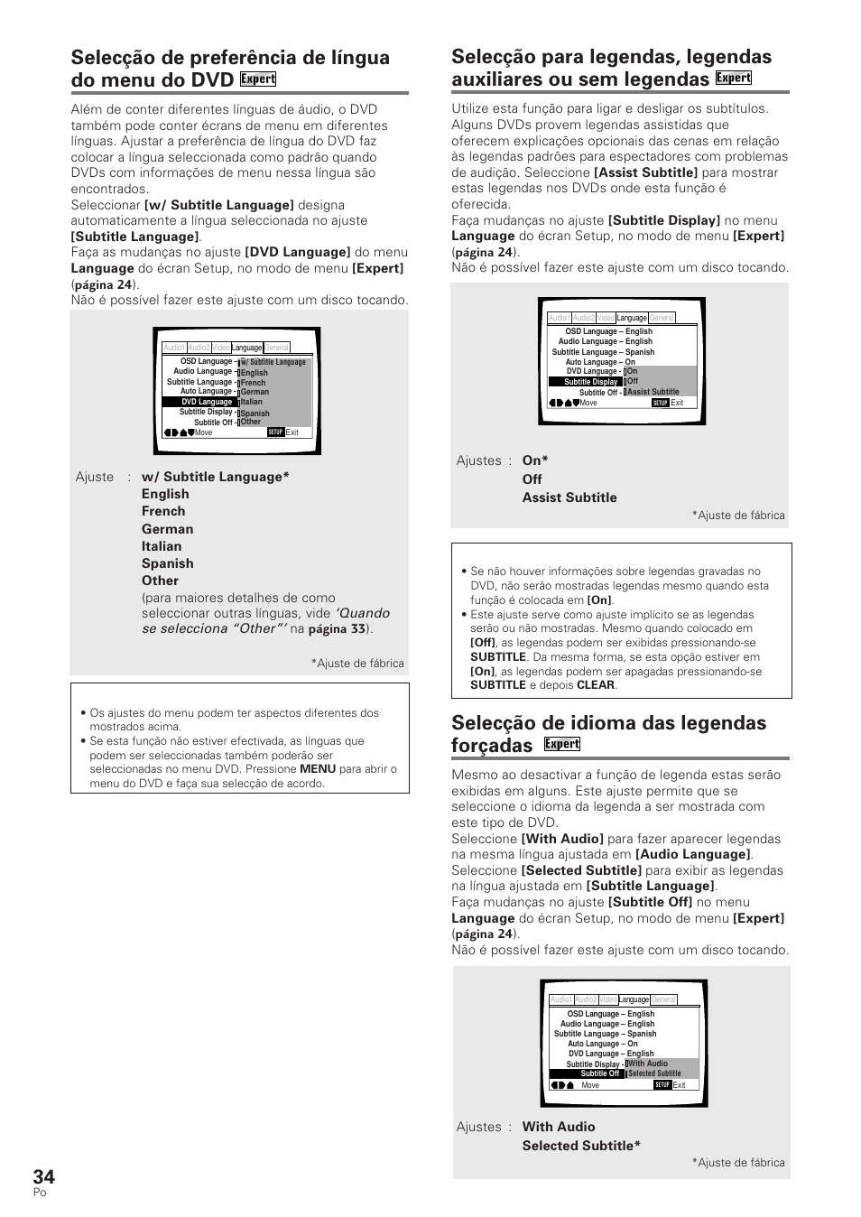 Selecção de idioma das legendas forçadas, Selecção de preferência de língua do menu do dvd, Quando se selecciona “other | Pioneer DV-340 User Manual | Page 90 / 112
