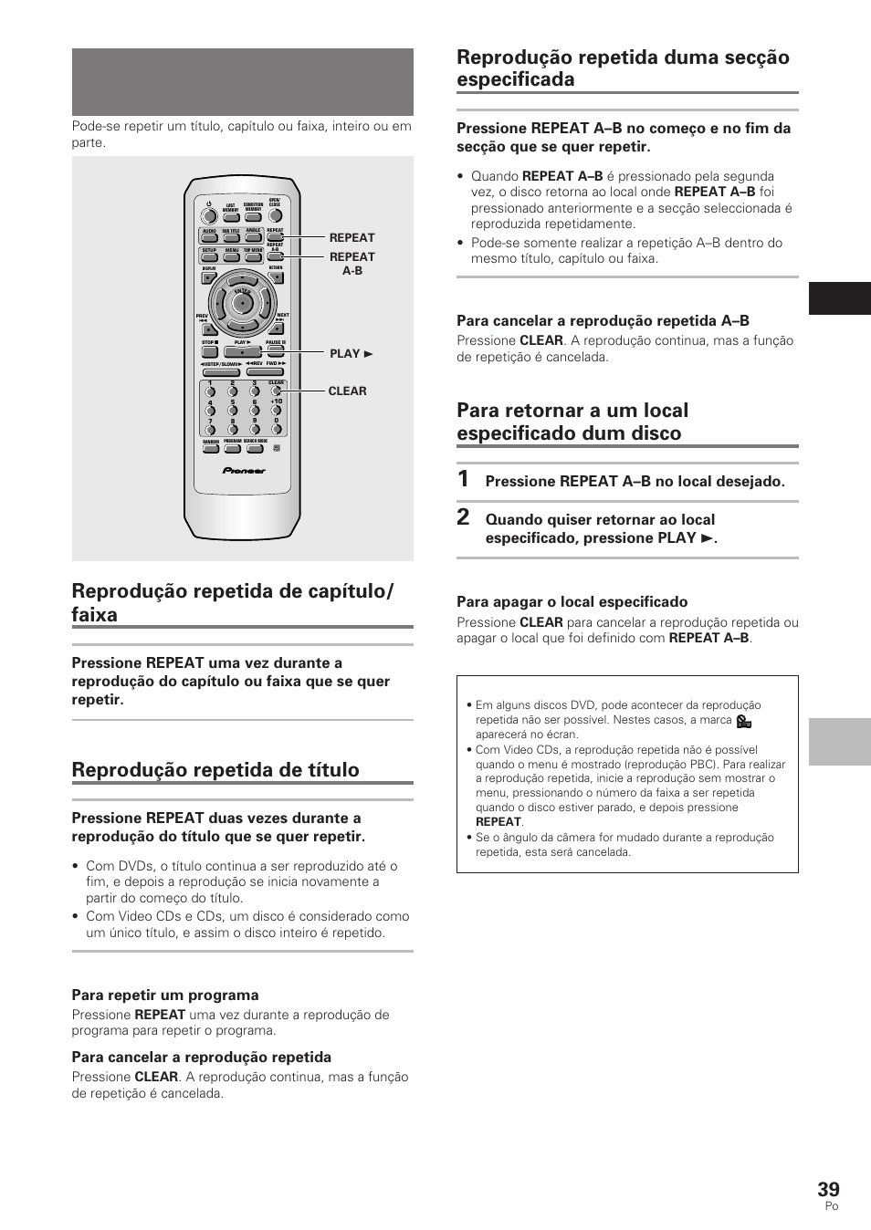 Reprodução repetida, Reprodução repetida de capítulo/ faixa, Reprodução repetida de título | Reprodução repetida duma secção especificada, Para retornar a um local especificado dum disco, Fun çõ es a v an ç adas portugu ê s, Dvd/video cd/cd, Para repetir um programa, Para cancelar a reprodução repetida, Para cancelar a reprodução repetida a–b | Pioneer DV-340 User Manual | Page 95 / 112