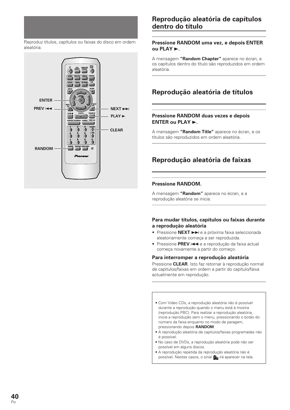 Reprodução aleatória, Reprodução aleatória de capítulos dentro do título, Reprodução aleatória de títulos | Reprodução aleatória de faixas, Dvd/video cd/cd, Video cd/cd pressione random, Para interromper a reprodução aleatória | Pioneer DV-340 User Manual | Page 96 / 112