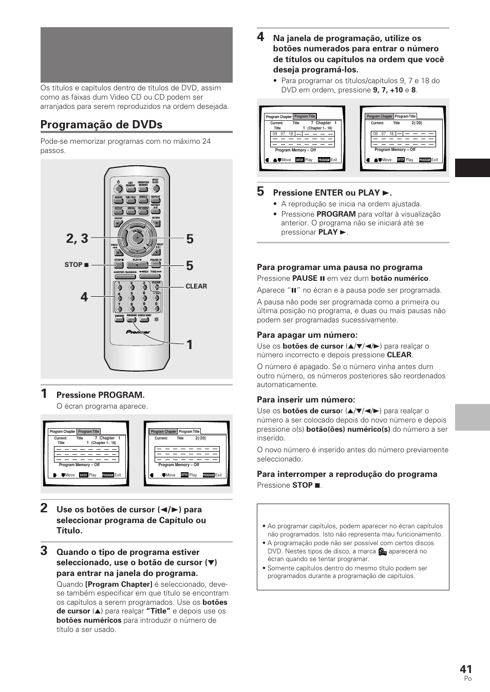 Reprodução na ordem desejada, Reprodução de programa), Programação de dvds | Fun çõ es a v an ç adas portugu ê s, Dvd/video cd/cd, Pressione program, Pressione enter ou play 3, Para programar uma pausa no programa, Para apagar um número, Para inserir um número | Pioneer DV-340 User Manual | Page 97 / 112