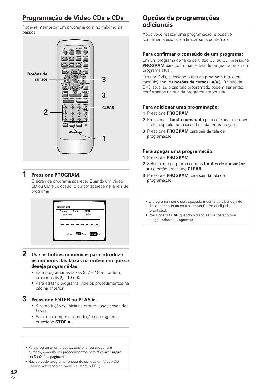 Programação de video cds e cds, Opções de programações adicionais, Pressione program | Pressione enter ou play 3, Dvd/video cd/cd, Para confirmar o conteúdo de um programa, Para adicionar uma programação, Para apagar uma programação, Botões de cursor | Pioneer DV-340 User Manual | Page 98 / 112