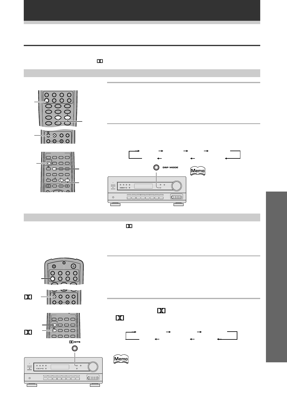 Selección de un modo de sonido, Funcionamiento, Funcionamiento ambiental | Modo de cine de avanzada (modo dolby digital/dts), 2 active y desactive el modo dolby/dts presionando, En el mando a distancia o, Dts en el panel delantero, Modos de sonido, Sound m, Effect | Pioneer VSX-609RDS User Manual | Page 39 / 124