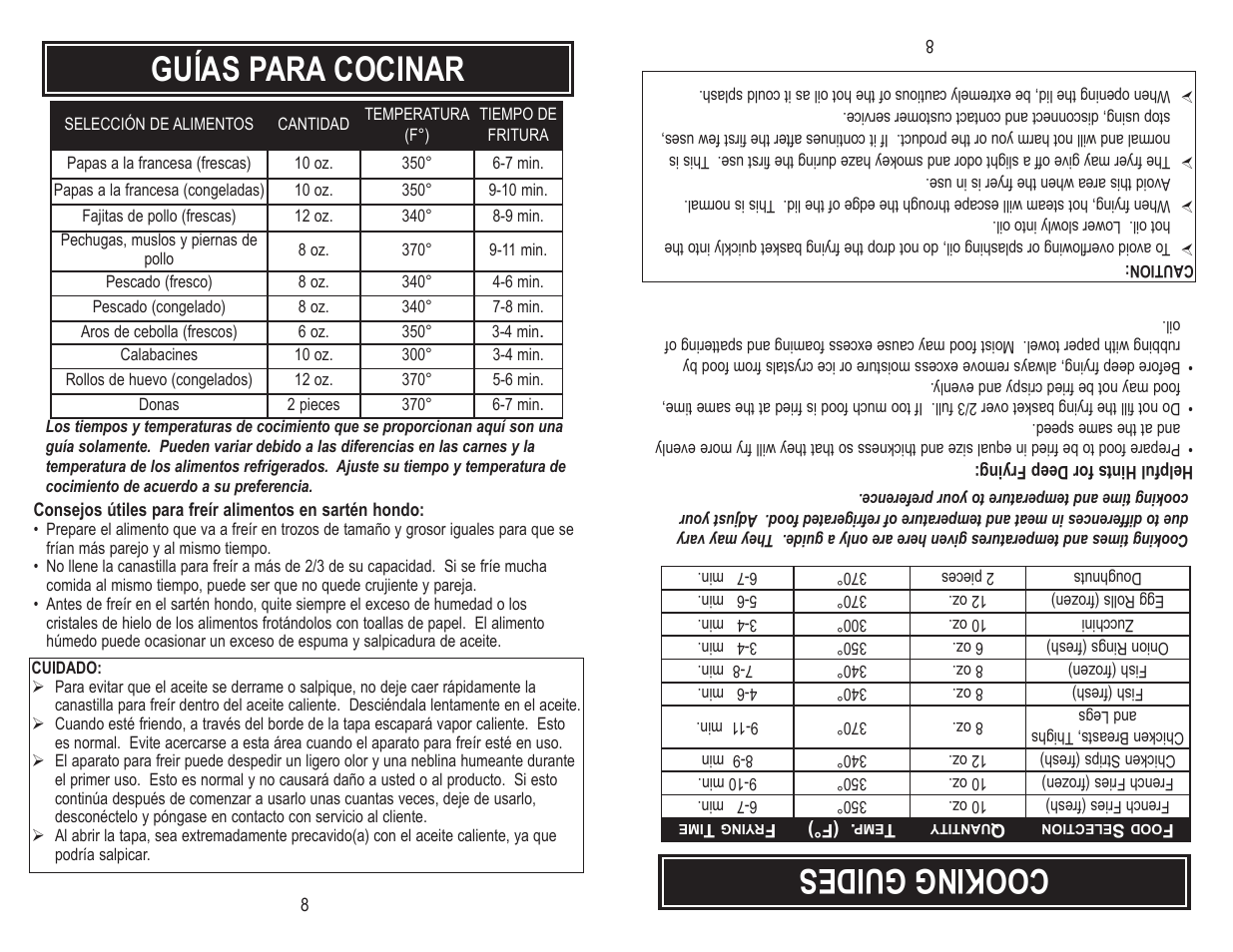 Cooking guides, Guías para cocinar | Aroma ADF-182 User Manual | Page 10 / 16