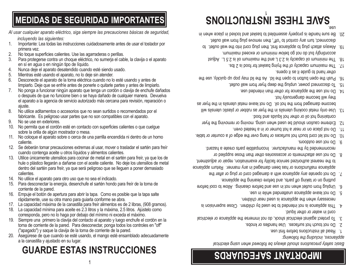 Save these instructions, Important safeguards, Guarde estas instrucciones | Medidas de seguridad importantes | Aroma ADF-182 User Manual | Page 4 / 16