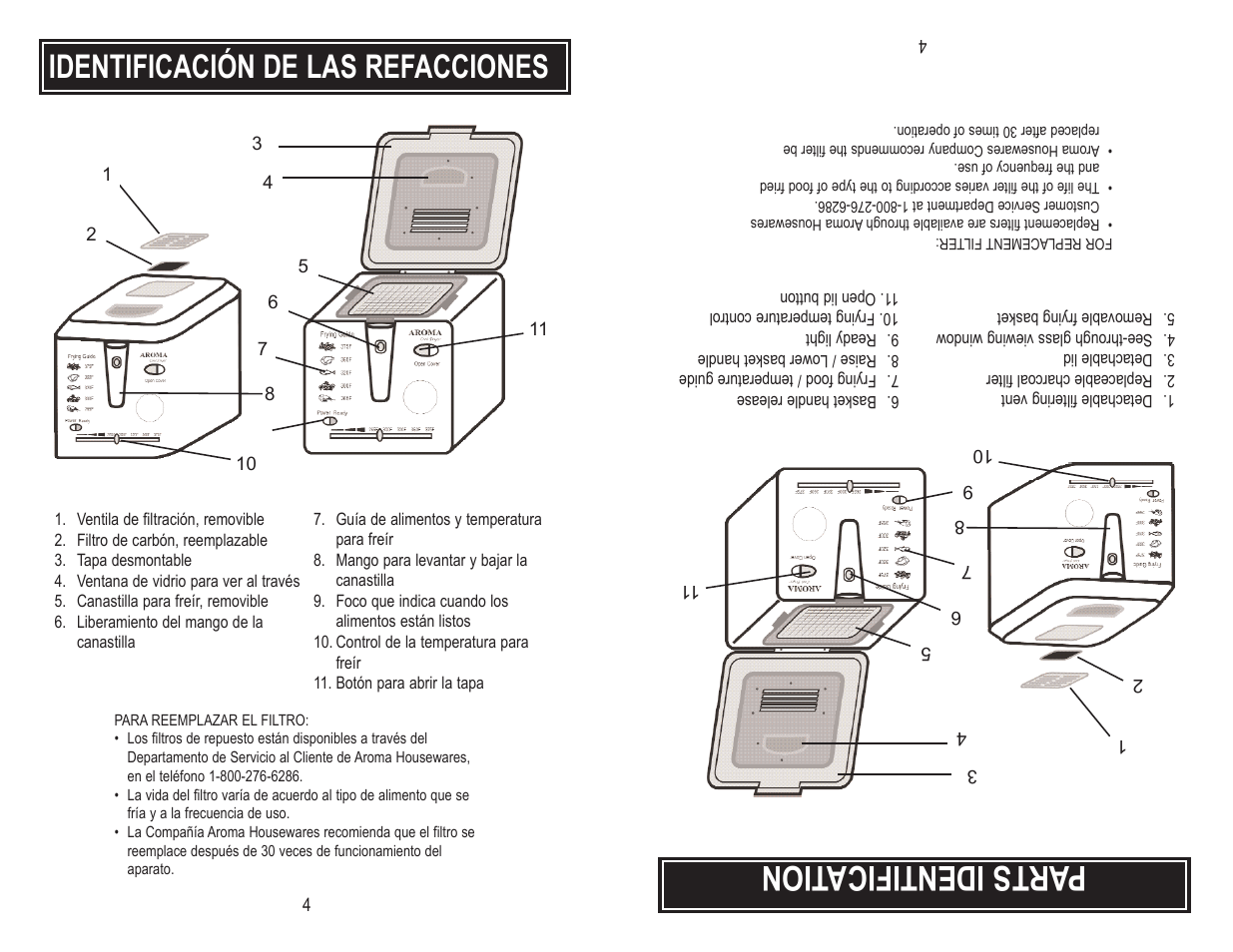 Parts identifica tion, Identificación de las refacciones | Aroma ADF-182 User Manual | Page 6 / 16