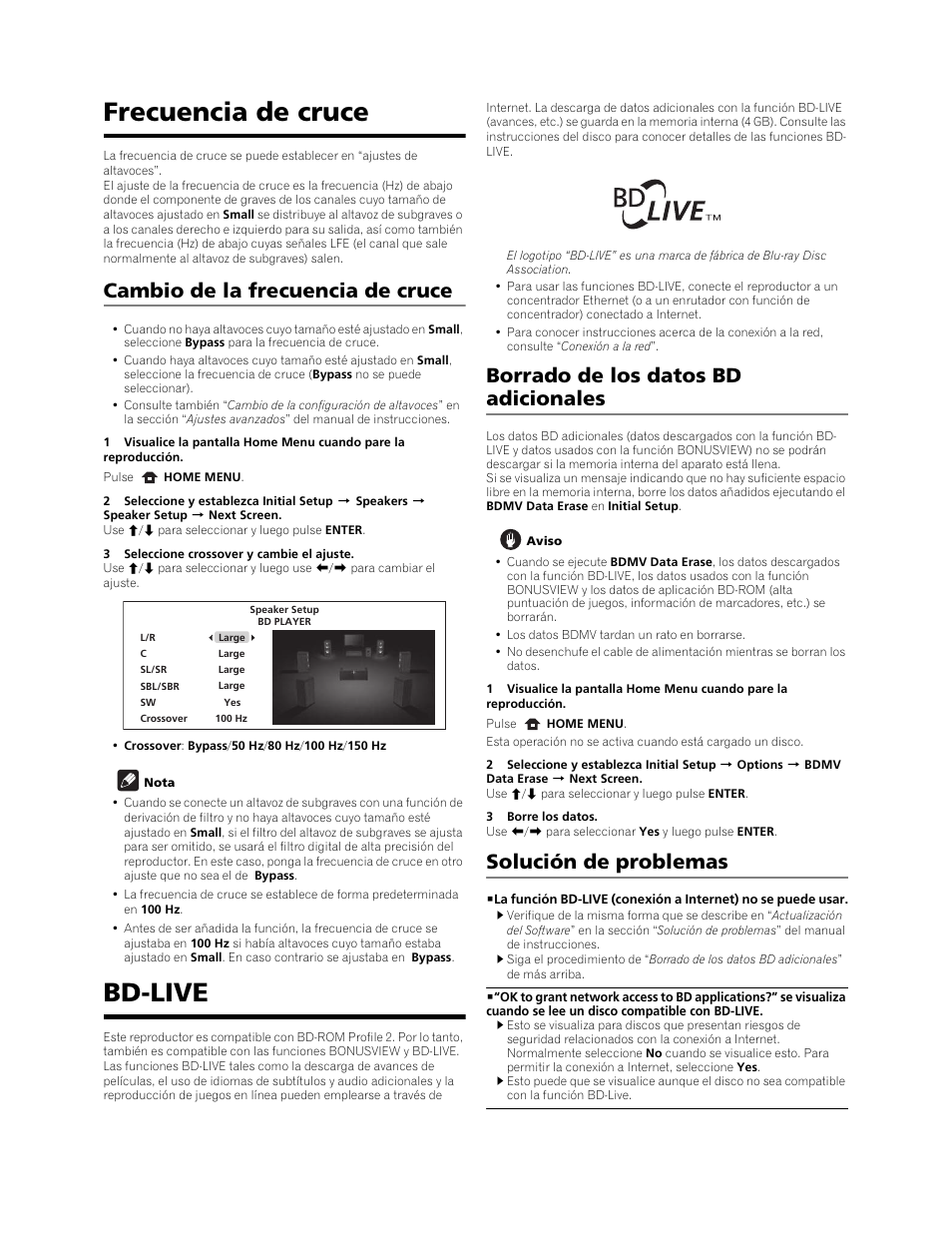 Frecuencia de cruce, Bd-live, Cambio de la frecuencia de cruce | Borrado de los datos bd adicionales, Solución de problemas | Pioneer BDP-LX91 User Manual | Page 2 / 3