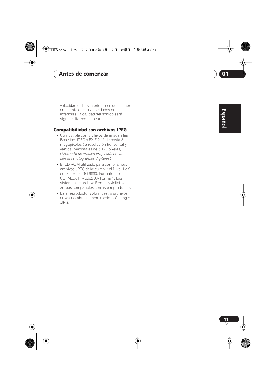 Compatibilidad con archivos jpeg, Español italiano français, Nederlands | Español deutsch, Antes de comenzar 01 | Pioneer DCS-515 User Manual | Page 11 / 96