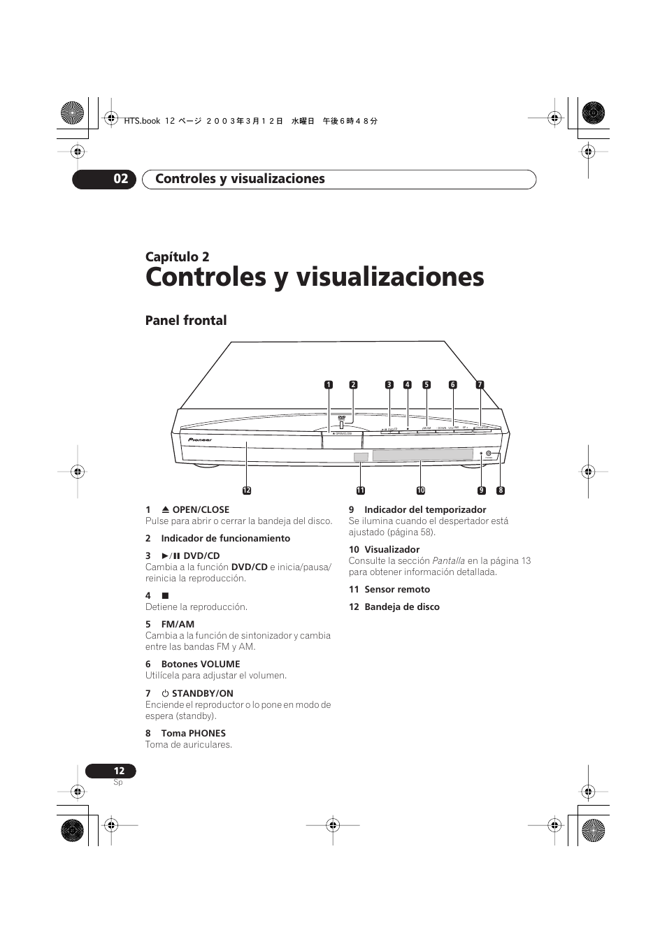 Panel frontal, Controles y visualizaciones, Controles y visualizaciones 02 | Capítulo | Pioneer DCS-515 User Manual | Page 12 / 96