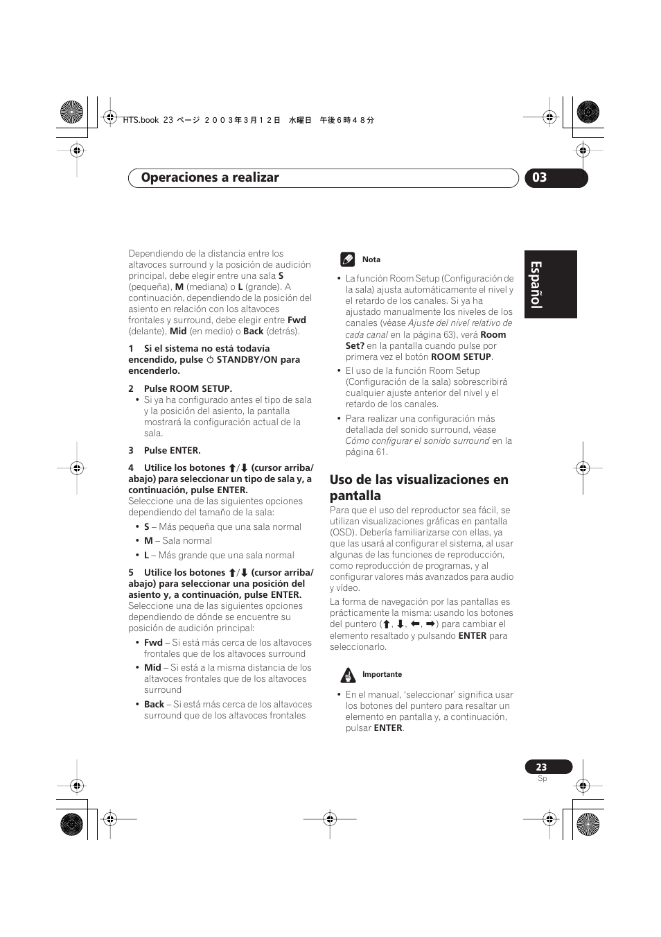 Uso de las visualizaciones en pantalla, Español italiano français, Nederlands | Español deutsch, Operaciones a realizar 03 | Pioneer DCS-515 User Manual | Page 23 / 96