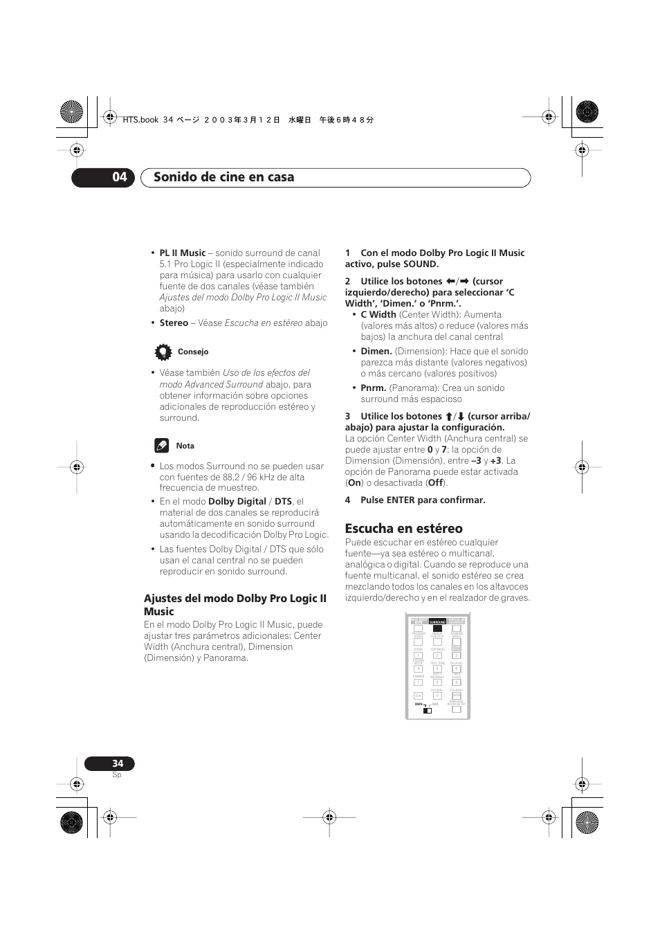 Ajustes del modo dolby pro logic ii music, Escucha en estéreo, Sonido de cine en casa 04 | Pioneer DCS-515 User Manual | Page 34 / 96